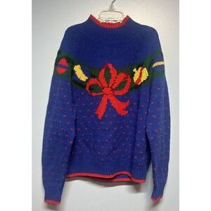 VTG Brooks Brothers Blue Mock Neck wool Christmas Sweater Red Bow Ornaments Med